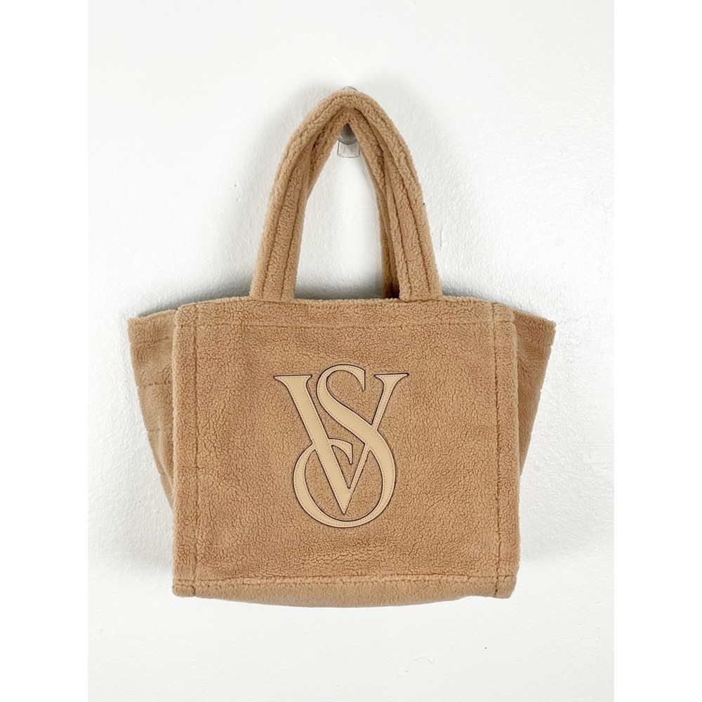 VICTORIA’S SECRET Tan Sherpa Fleece Double Straps Signature Logo Tote Bag